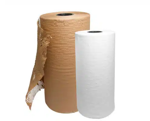 Glattes, weißes Papier und gestanztes braunes Papier auf Rollen
