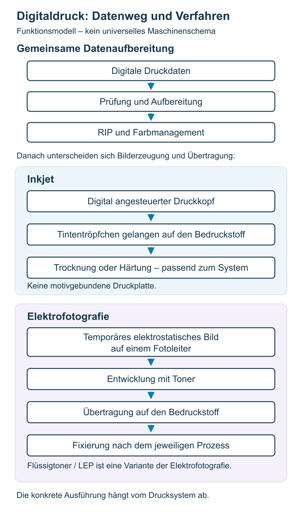 Digitaldruck-Abläufe mit gemeinsamer Datenaufbereitung und getrennten Inkjet- und Elektrofotografie-Schritten einschließlich Flüssigtoner als Variante.