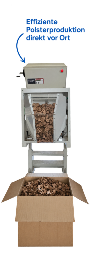 Expander-Maschine für die effiziente Polsterproduktion direkt vor Ort; Maschine, Schriftzug und Pfeil sind im Motiv integriert.