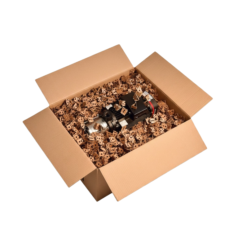 Verpackter Motor im Versandkarton mit ExpandOS-Papierpolstern