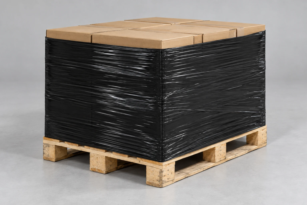 Kartons auf einer Holzpalette, seitlich mit schwarzer Stretchfolie umwickelt
