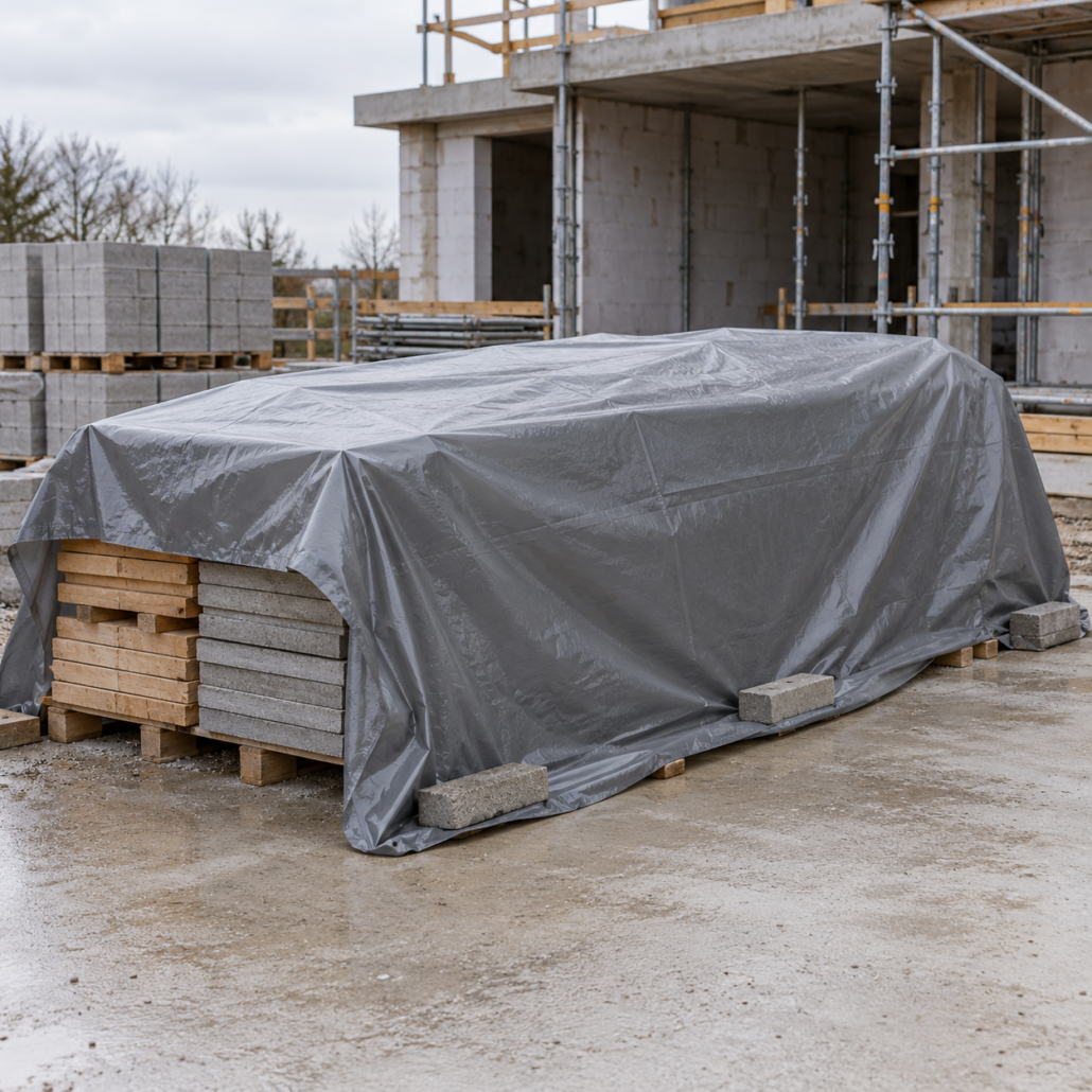 Startseite – Baufolie Auf einer Baustelle mit grauer Folie abgedeckte Baumaterialien auf Palette