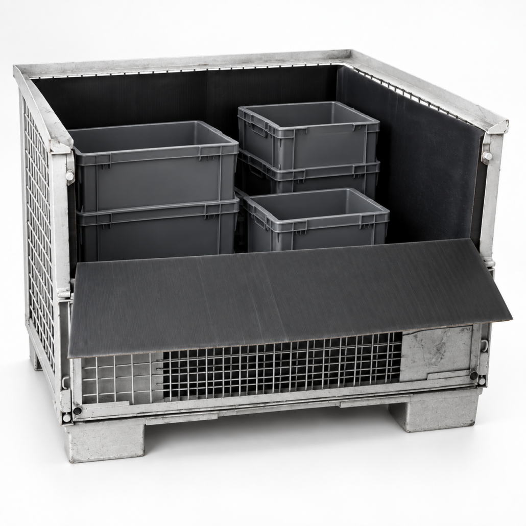 Startseite – Gitterboxauskleidung Ausgekleidete Gitterbox mit schwarzen Schutzplatten und industriellen Bauteilen