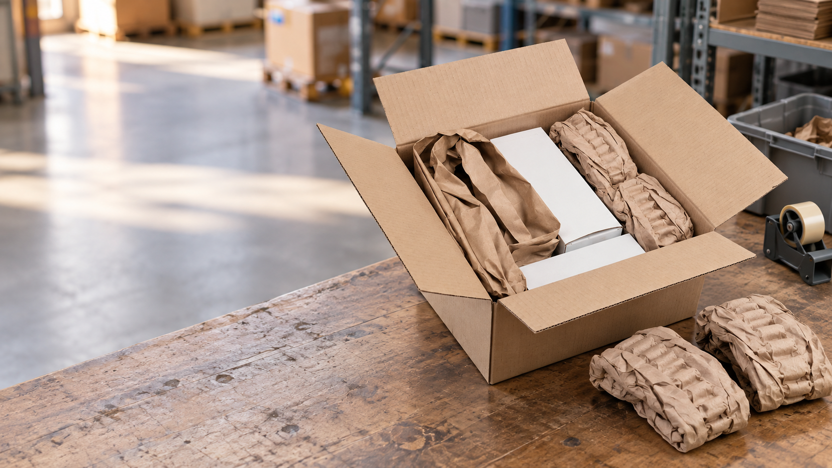 Startseite – Hero Packplatz Packplatz mit offenem Versandkarton, Papierpolstern und Verpackungsmaterialien in einer Versandhalle