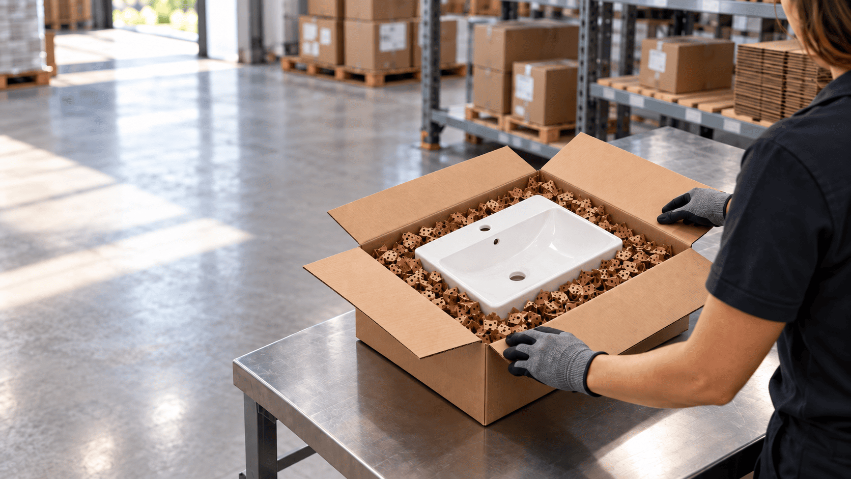 Verpackte Keramikspüle im Lager