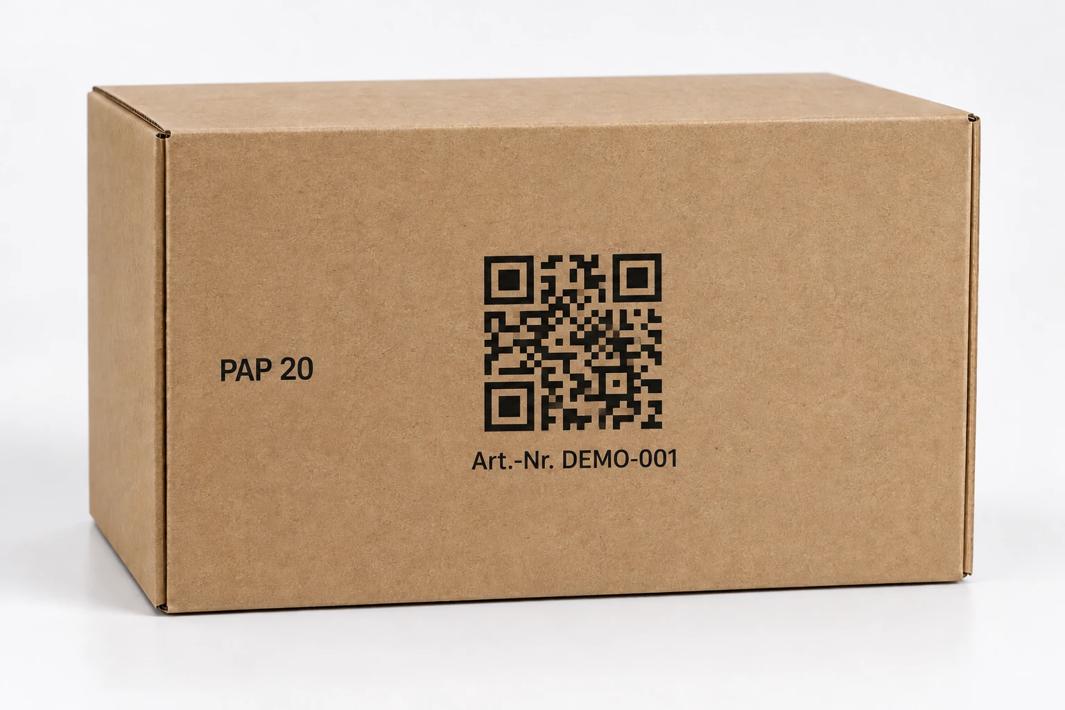 Wellpappkarton mit PAP20-Kennzeichnung, illustrativem QR-Code und Demo-Artikelnummer